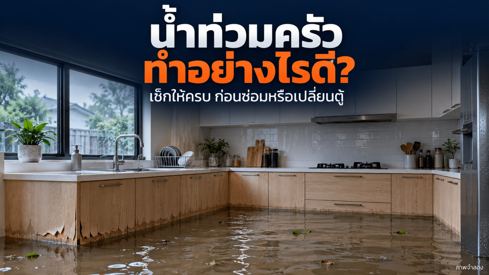ภาพจำลองน้ำท่วมครัว มีน้ำขังบริเวณตู้ล่างและหน้าบานไม้เสียหาย